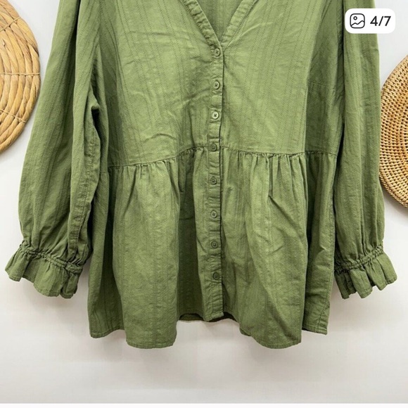 Torrid Green Button Front Cotton V-Neck Babydoll Long Sleeve Blouse Plus Size 1X - Picture 4 of 6